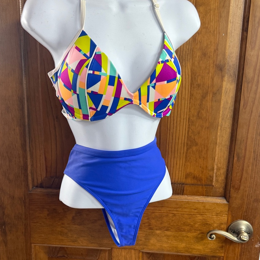 Multi-Color Geometric Push-Up Bikini Top with Royal Blue High-Waist Bottom